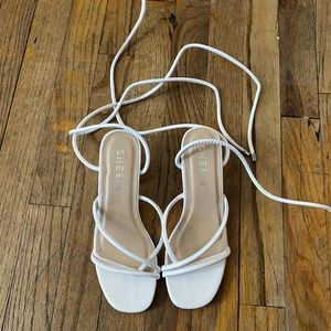 White Faux Leather Knotted Vamp Block Heels